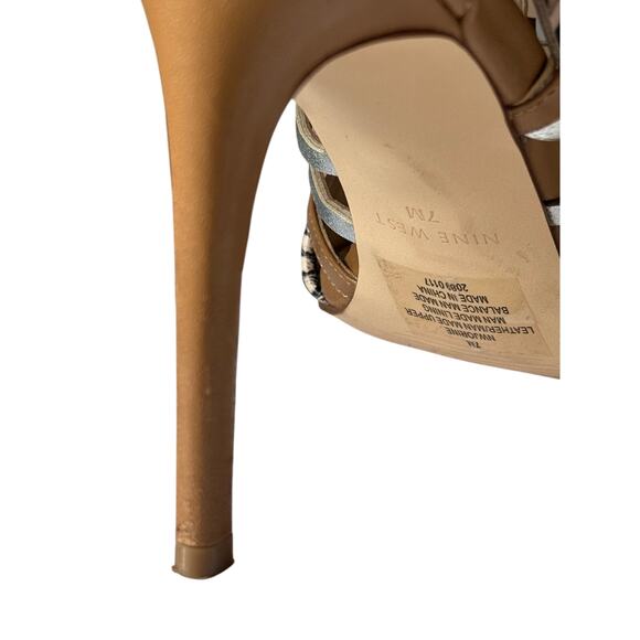 Nine West SZ 7 in Box Tan Leather 4" STILLETO Heel PEEP TOE Snakeskin Metallic - Picture 7 of 16